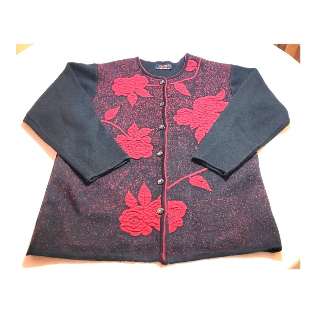 Womens Button Front Knit Sweater Cardigan M Floral Black Red Cottage Boho Granny
